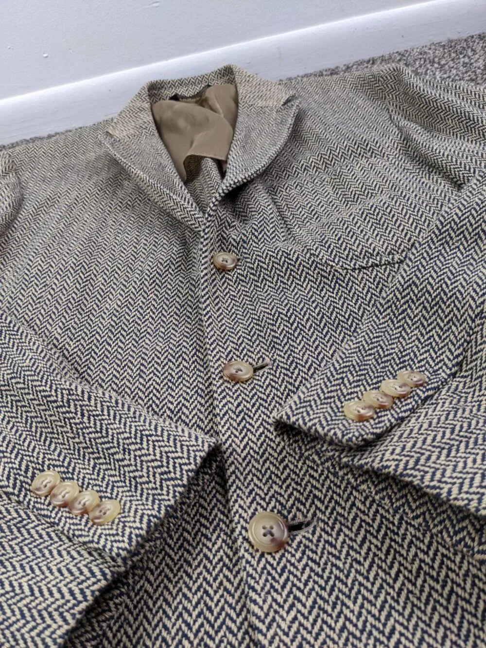 Polo Ralph Lauren Blazer Sport Coat Tweed Silk Tan Blue Herringbone 44L Italy